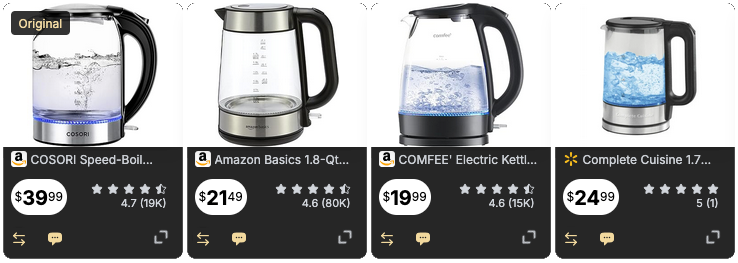 Glass kettles from different brands with similar designs and prices