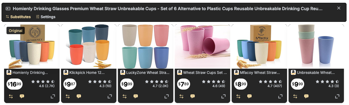 Similar sets of drinking cups from different brands, with drastically different prices.