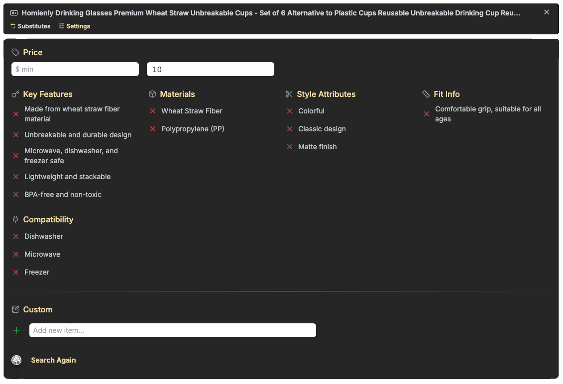 Hi Arthur settings panel for refining product features and price range